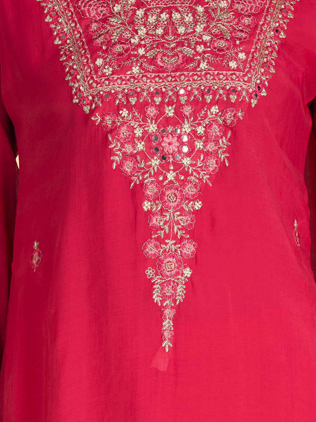 Solid Floral Embroidered Straight Kurta with Pant & Dupatta - Pink