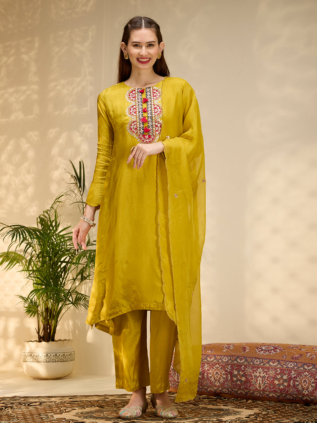 Solid Floral Gota Patti Embroidered A-Line Kurta with Pant & Dupatta - Mustard