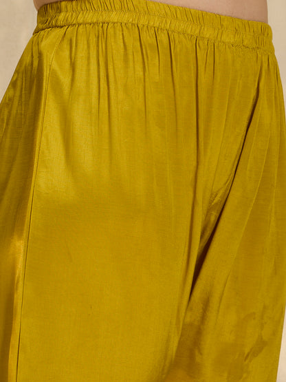 Solid Floral Gota Patti Embroidered A-Line Kurta with Pant & Dupatta - Mustard
