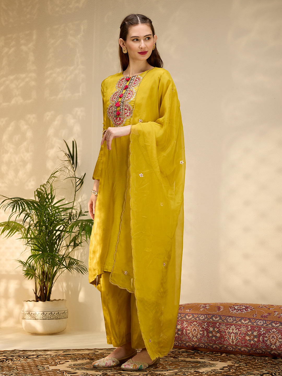Solid Floral Gota Patti Embroidered A-Line Kurta with Pant & Dupatta - Mustard