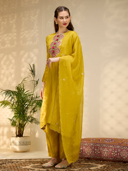Solid Floral Gota Patti Embroidered A-Line Kurta with Pant & Dupatta - Mustard
