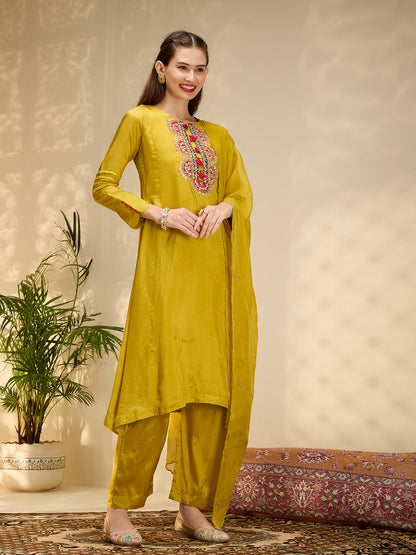 Solid Floral Gota Patti Embroidered A-Line Kurta with Pant & Dupatta - Mustard