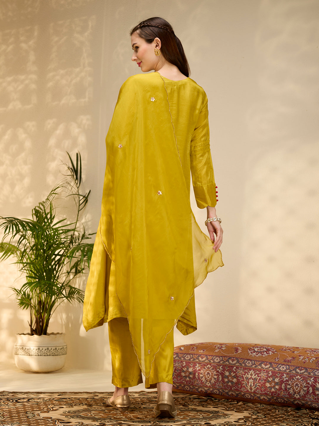 Solid Floral Gota Patti Embroidered A-Line Kurta with Pant & Dupatta - Mustard