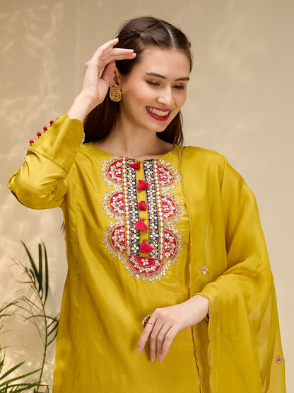 Solid Floral Gota Patti Embroidered A-Line Kurta with Pant & Dupatta - Mustard