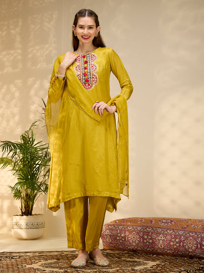 Solid Floral Gota Patti Embroidered A-Line Kurta with Pant & Dupatta - Mustard