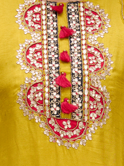 Solid Floral Gota Patti Embroidered A-Line Kurta with Pant & Dupatta - Mustard