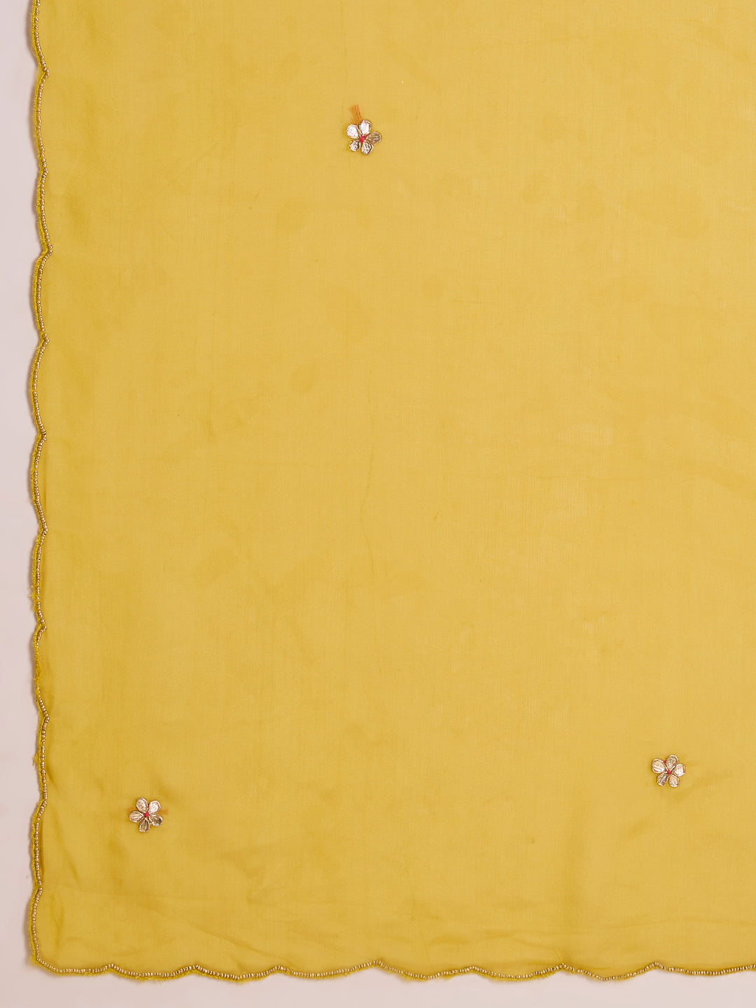 Solid Floral Gota Patti Embroidered A-Line Kurta with Pant & Dupatta - Mustard