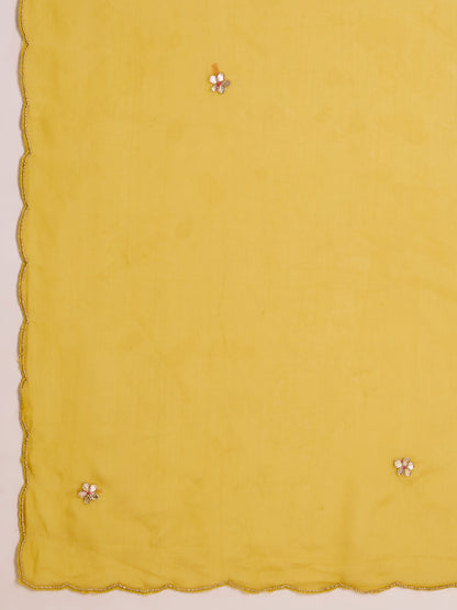 Solid Floral Gota Patti Embroidered A-Line Kurta with Pant & Dupatta - Mustard