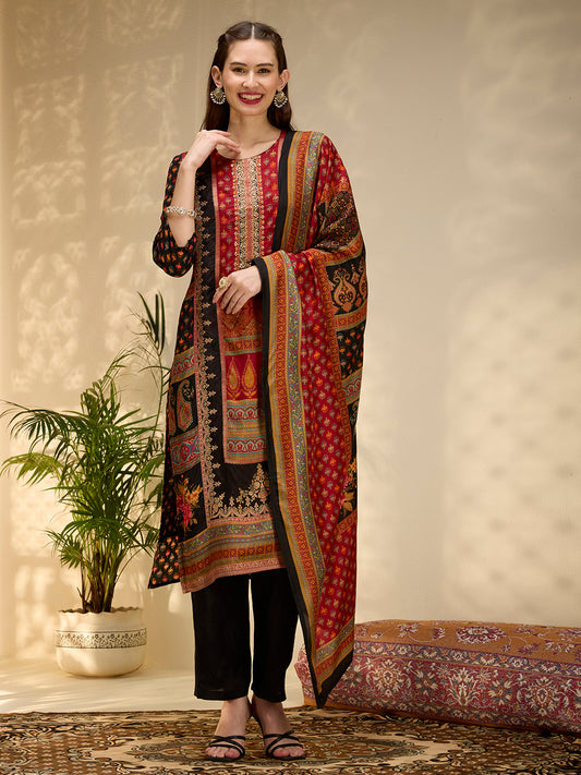 Ethnic Floral Printed & Embroidered Straight Fit Kurta with Pant and Dupatta - Black