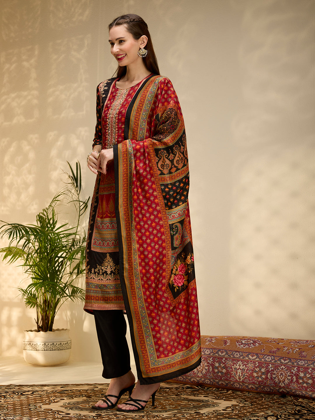 Ethnic Floral Printed & Embroidered Straight Fit Kurta with Pant and Dupatta - Black