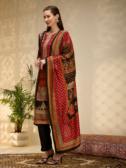 Ethnic Floral Printed & Embroidered Straight Fit Kurta with Pant and Dupatta - Black