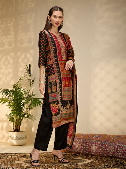 Ethnic Floral Printed & Embroidered Straight Fit Kurta with Pant and Dupatta - Black