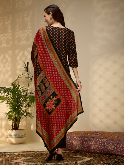 Ethnic Floral Printed & Embroidered Straight Fit Kurta with Pant and Dupatta - Black