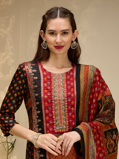 Ethnic Floral Printed & Embroidered Straight Fit Kurta with Pant and Dupatta - Black