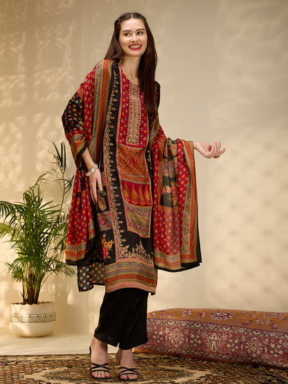 Ethnic Floral Printed & Embroidered Straight Fit Kurta with Pant and Dupatta - Black