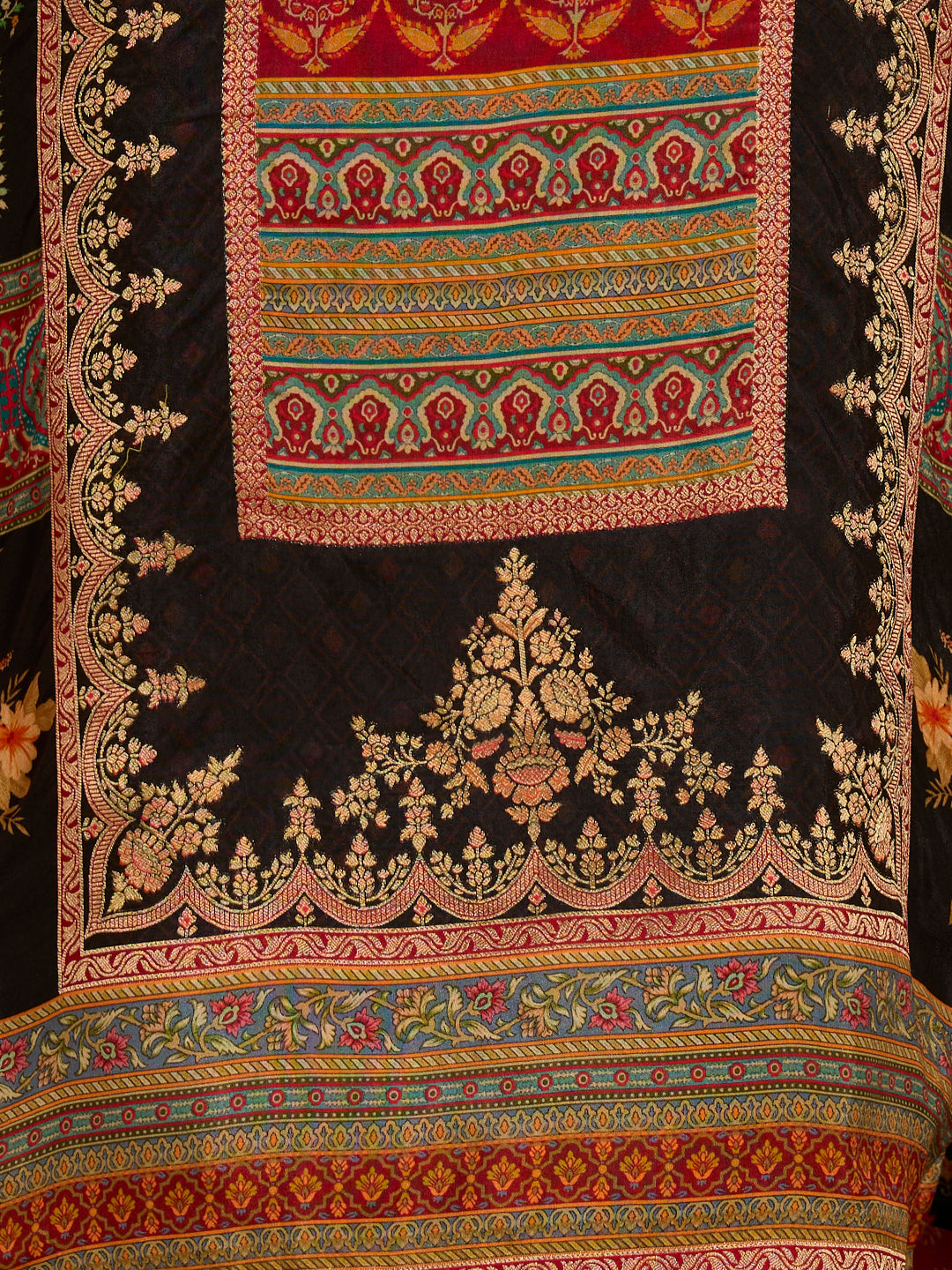 Ethnic Floral Printed & Embroidered Straight Fit Kurta with Pant and Dupatta - Black