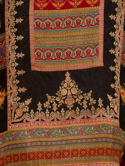 Ethnic Floral Printed & Embroidered Straight Fit Kurta with Pant and Dupatta - Black