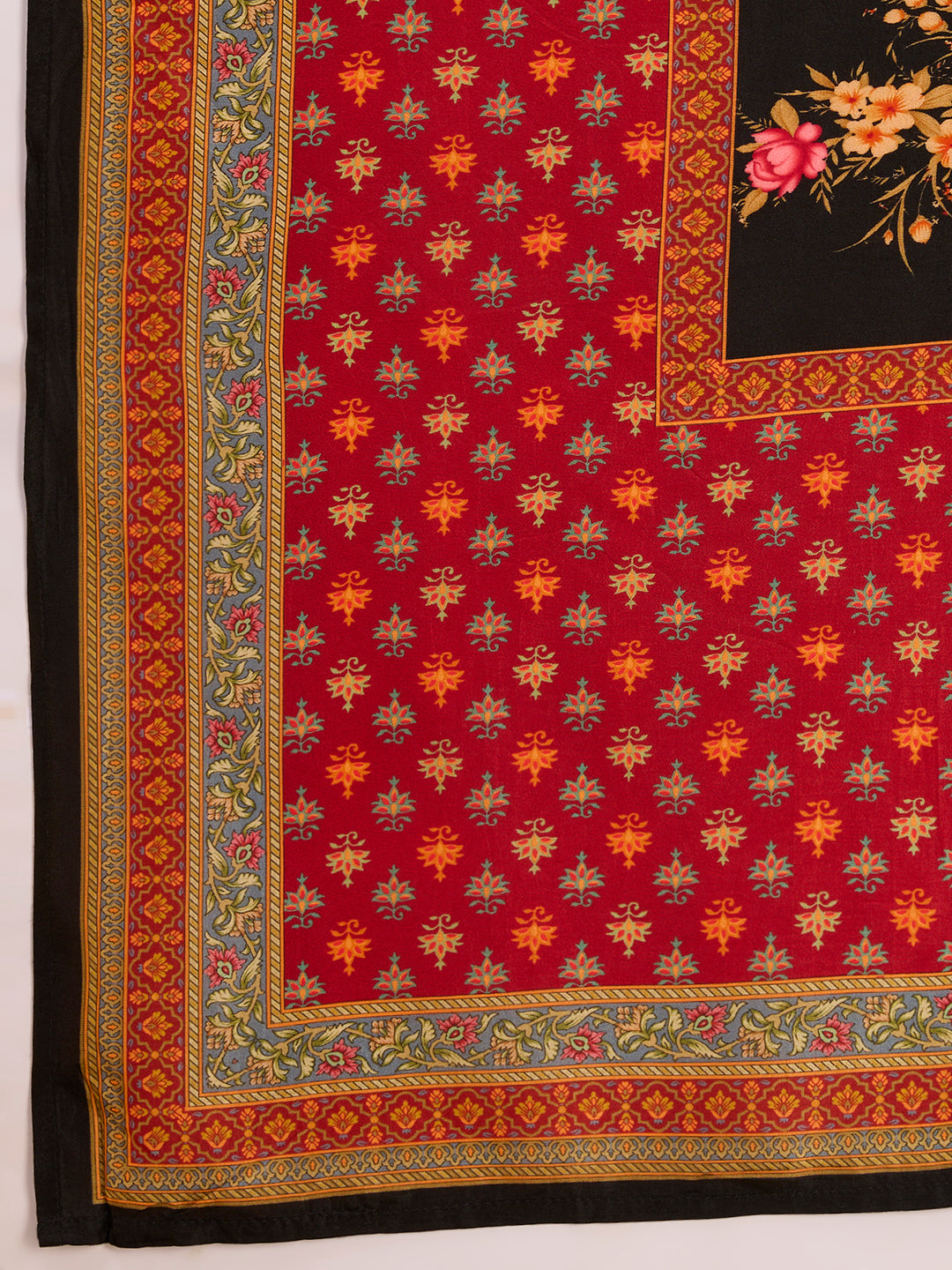 Ethnic Floral Printed & Embroidered Straight Fit Kurta with Pant and Dupatta - Black