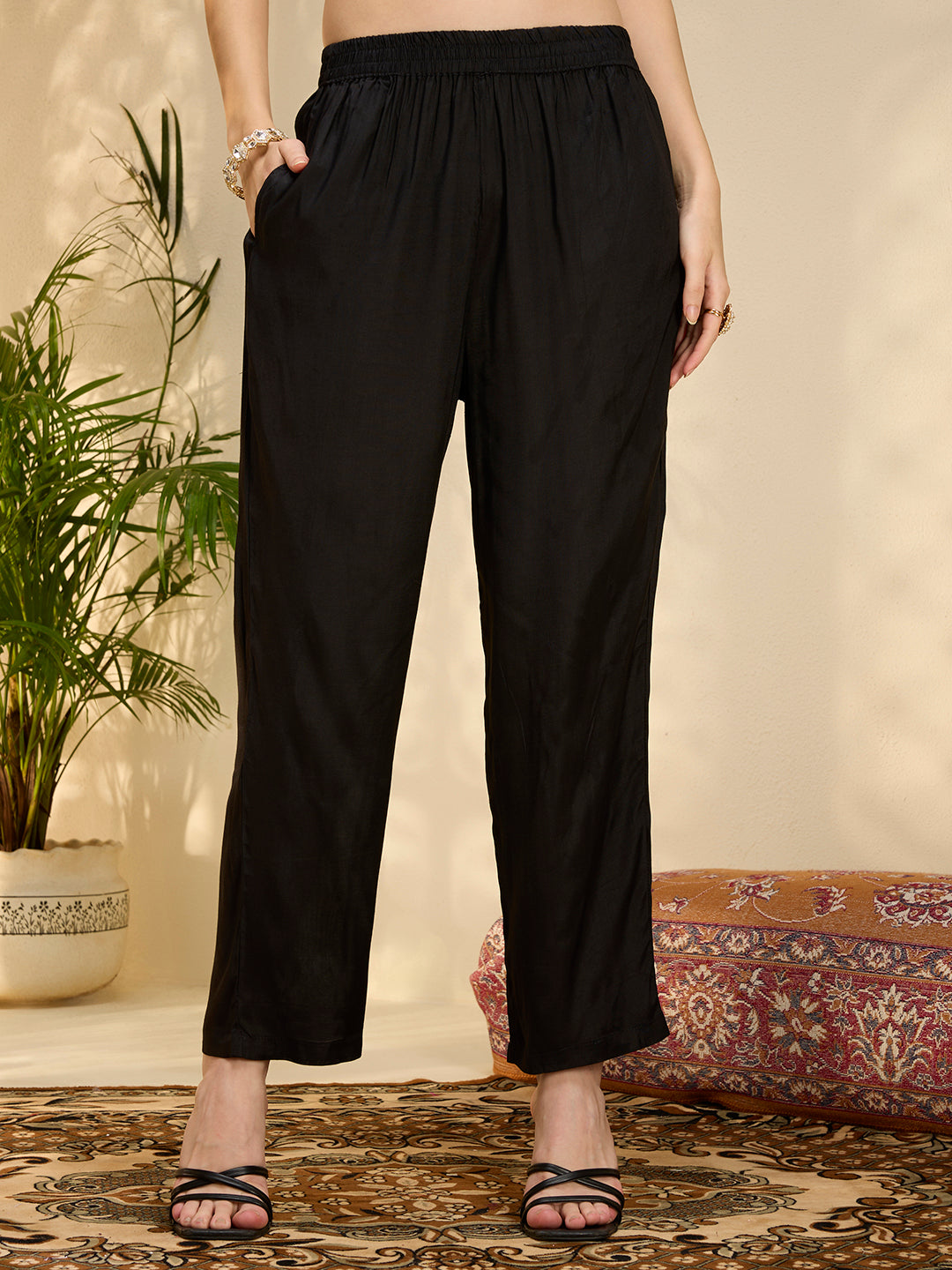 Ethnic Floral Printed & Embroidered Straight Fit Kurta with Pant and Dupatta - Black