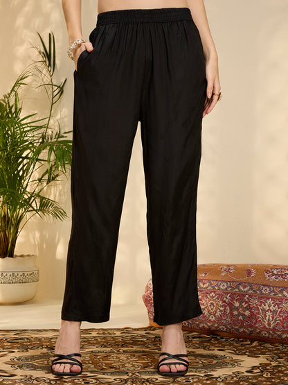 Ethnic Floral Printed & Embroidered Straight Fit Kurta with Pant and Dupatta - Black