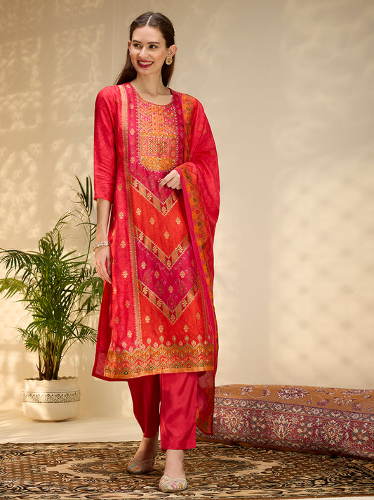Ethnic Printed Jacquard Kurta with Pant and Dupatta - Red
