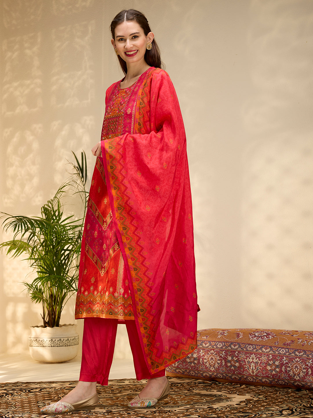 Ethnic Printed Jacquard Kurta with Pant and Dupatta - Red