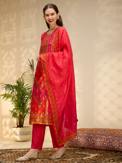 Ethnic Printed Jacquard Kurta with Pant and Dupatta - Red