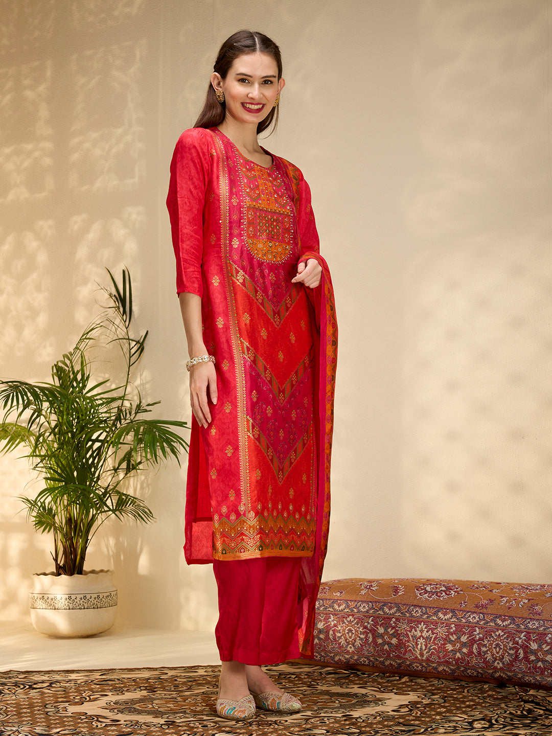 Ethnic Printed Jacquard Kurta with Pant and Dupatta - Red
