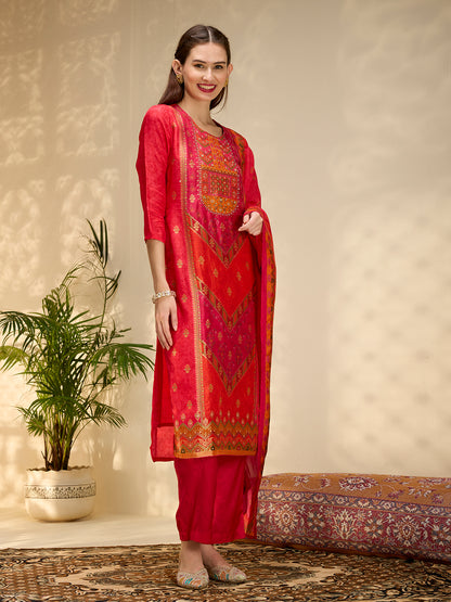 Ethnic Printed Jacquard Kurta with Pant and Dupatta - Red