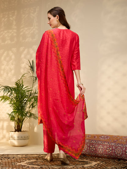 Ethnic Printed Jacquard Kurta with Pant and Dupatta - Red