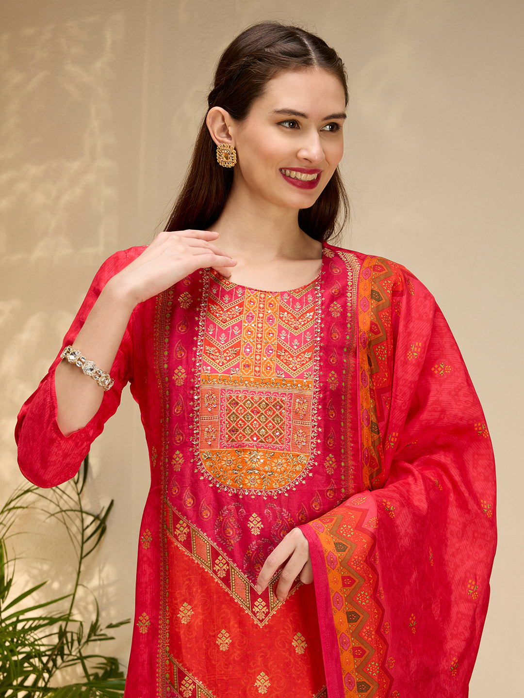 Ethnic Printed Jacquard Kurta with Pant and Dupatta - Red