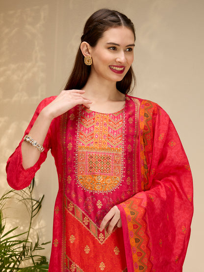 Ethnic Printed Jacquard Kurta with Pant and Dupatta - Red