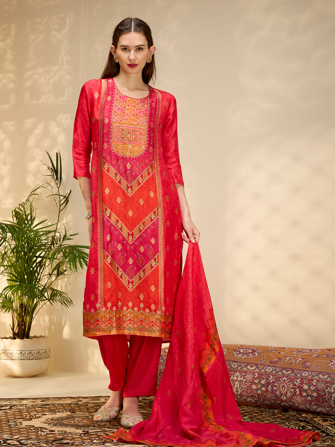 Ethnic Printed Jacquard Kurta with Pant and Dupatta - Red