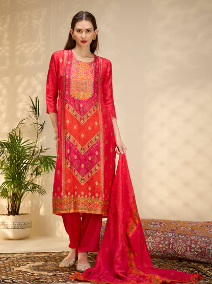 Ethnic Printed Jacquard Kurta with Pant and Dupatta - Red