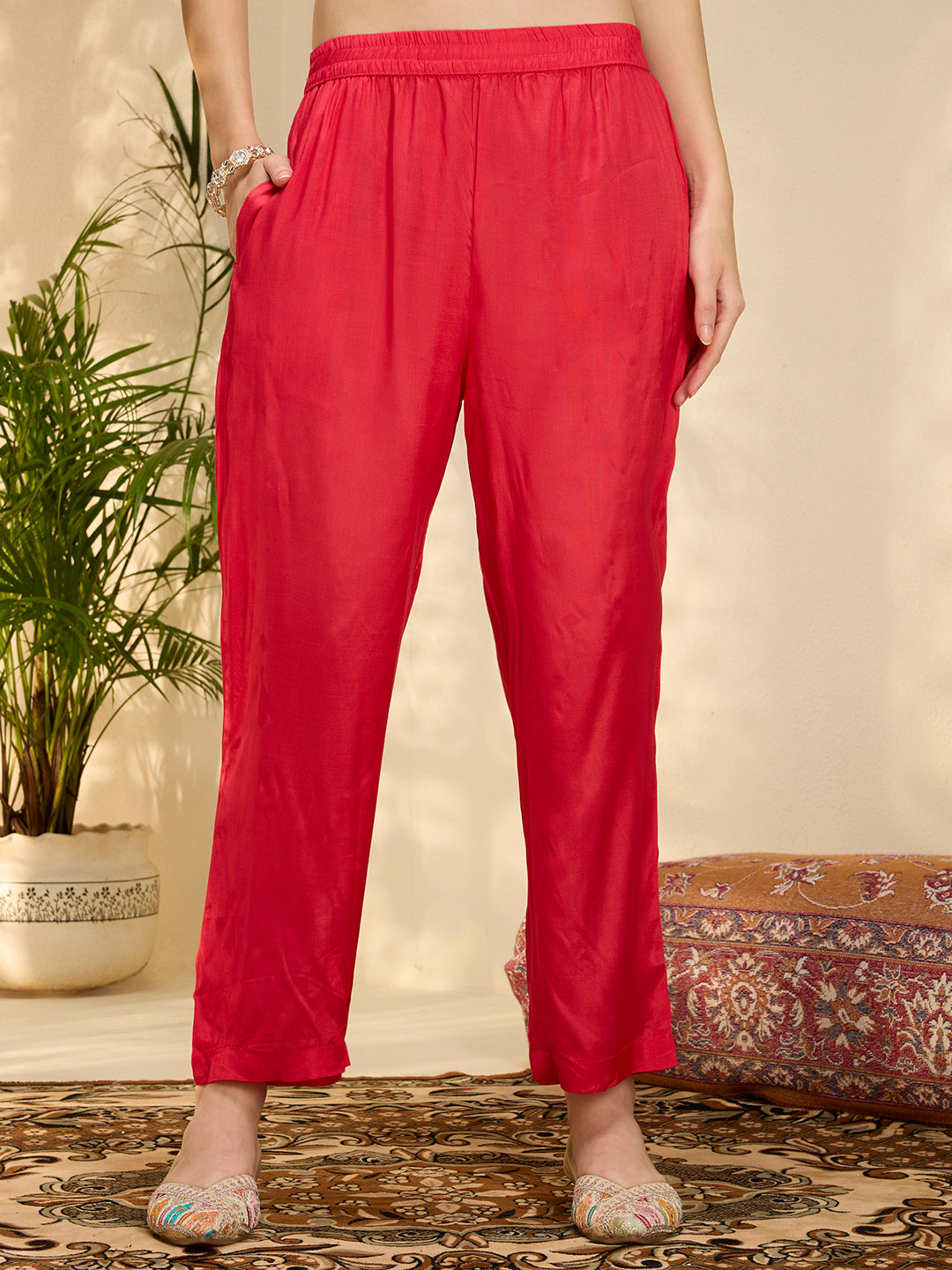 Ethnic Printed Jacquard Kurta with Pant and Dupatta - Red