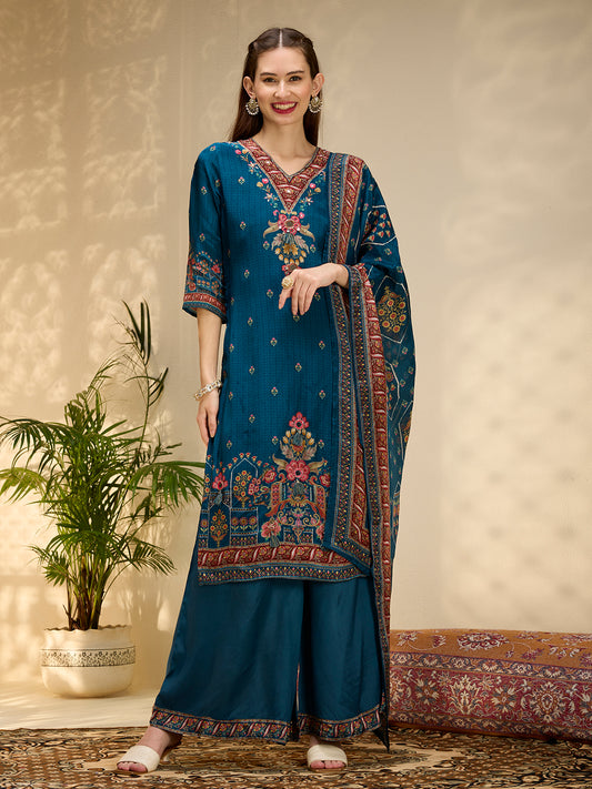 Ethnic Printed & Embroidered Straight Kurta with Palazzo & Dupatta - Navy Blue