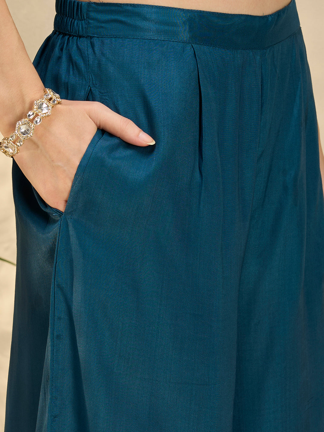 Ethnic Printed & Embroidered Straight Kurta with Palazzo & Dupatta - Navy Blue