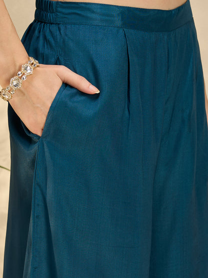 Ethnic Printed & Embroidered Straight Kurta with Palazzo & Dupatta - Navy Blue