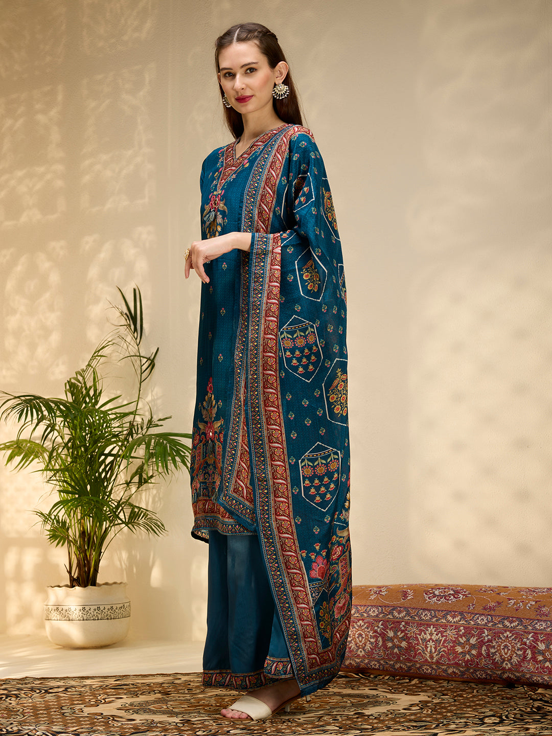 Ethnic Printed & Embroidered Straight Kurta with Palazzo & Dupatta - Navy Blue