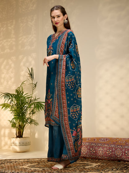 Ethnic Printed & Embroidered Straight Kurta with Palazzo & Dupatta - Navy Blue