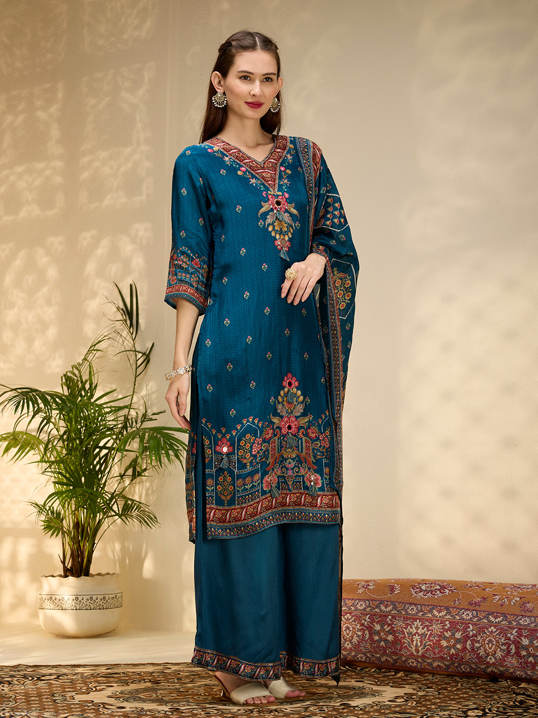 Ethnic Printed & Embroidered Straight Kurta with Palazzo & Dupatta - Navy Blue