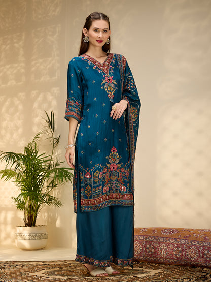 Ethnic Printed & Embroidered Straight Kurta with Palazzo & Dupatta - Navy Blue