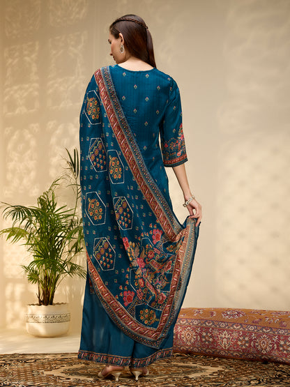 Ethnic Printed & Embroidered Straight Kurta with Palazzo & Dupatta - Navy Blue