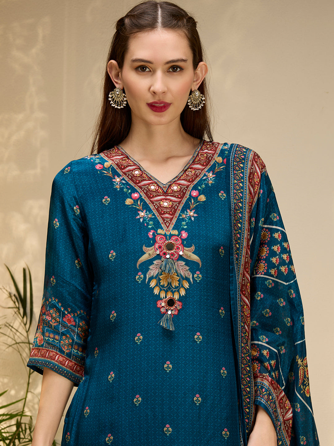 Ethnic Printed & Embroidered Straight Kurta with Palazzo & Dupatta - Navy Blue