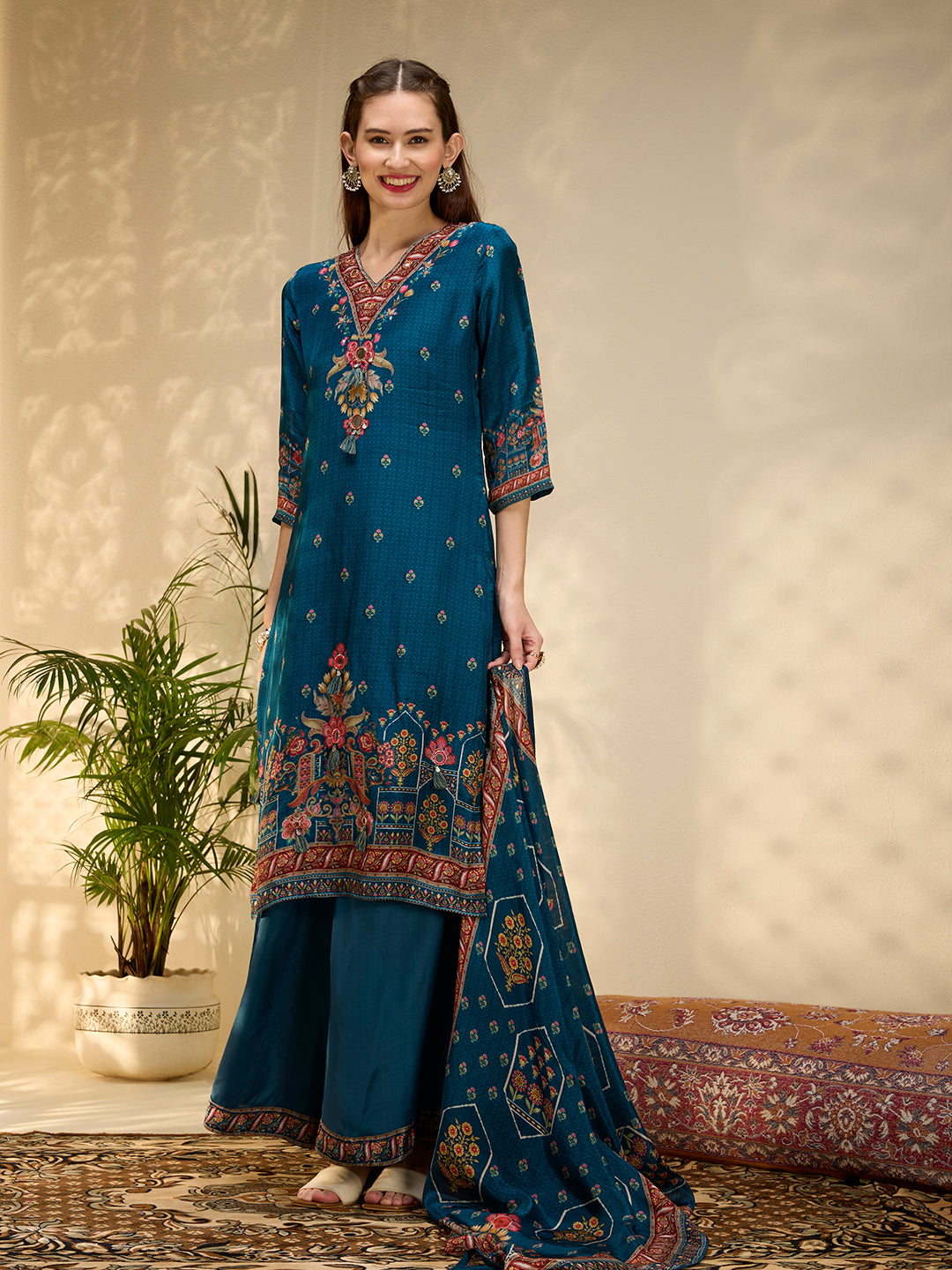 Ethnic Printed & Embroidered Straight Kurta with Palazzo & Dupatta - Navy Blue