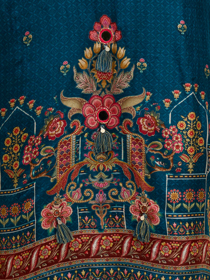 Ethnic Printed & Embroidered Straight Kurta with Palazzo & Dupatta - Navy Blue