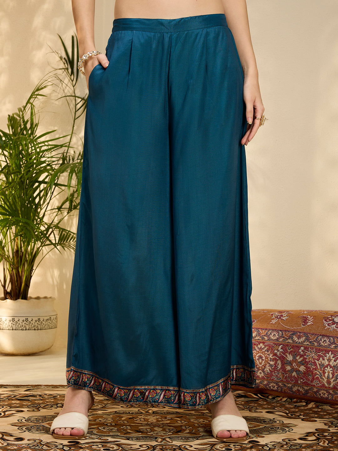 Ethnic Printed & Embroidered Straight Kurta with Palazzo & Dupatta - Navy Blue