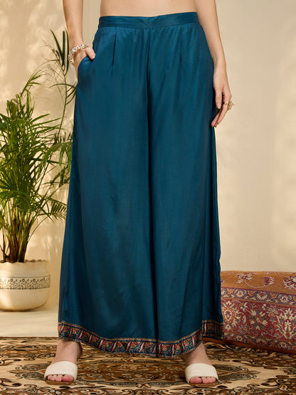 Ethnic Printed & Embroidered Straight Kurta with Palazzo & Dupatta - Navy Blue