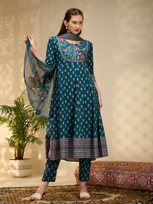 Ethnic Floral Printed & Embroidered Anarkali Kurta with Pant & Dupatta - Teal