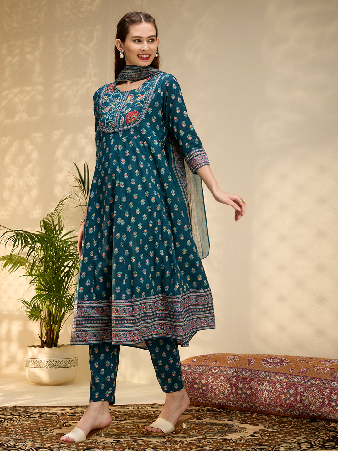 Ethnic Floral Printed & Embroidered Anarkali Kurta with Pant & Dupatta - Teal